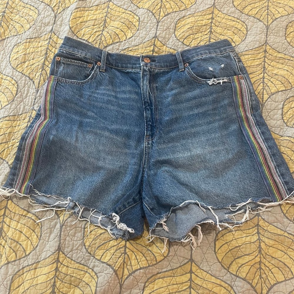 American Eagle Pride 90s Highest Waist Rainbow Stripe Denim Shorts